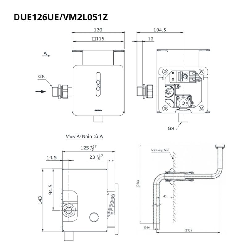 Van xả tiểu TOTO DUE126UEA VM2L051Z cảm ứng dùng điện kèm ống nối
